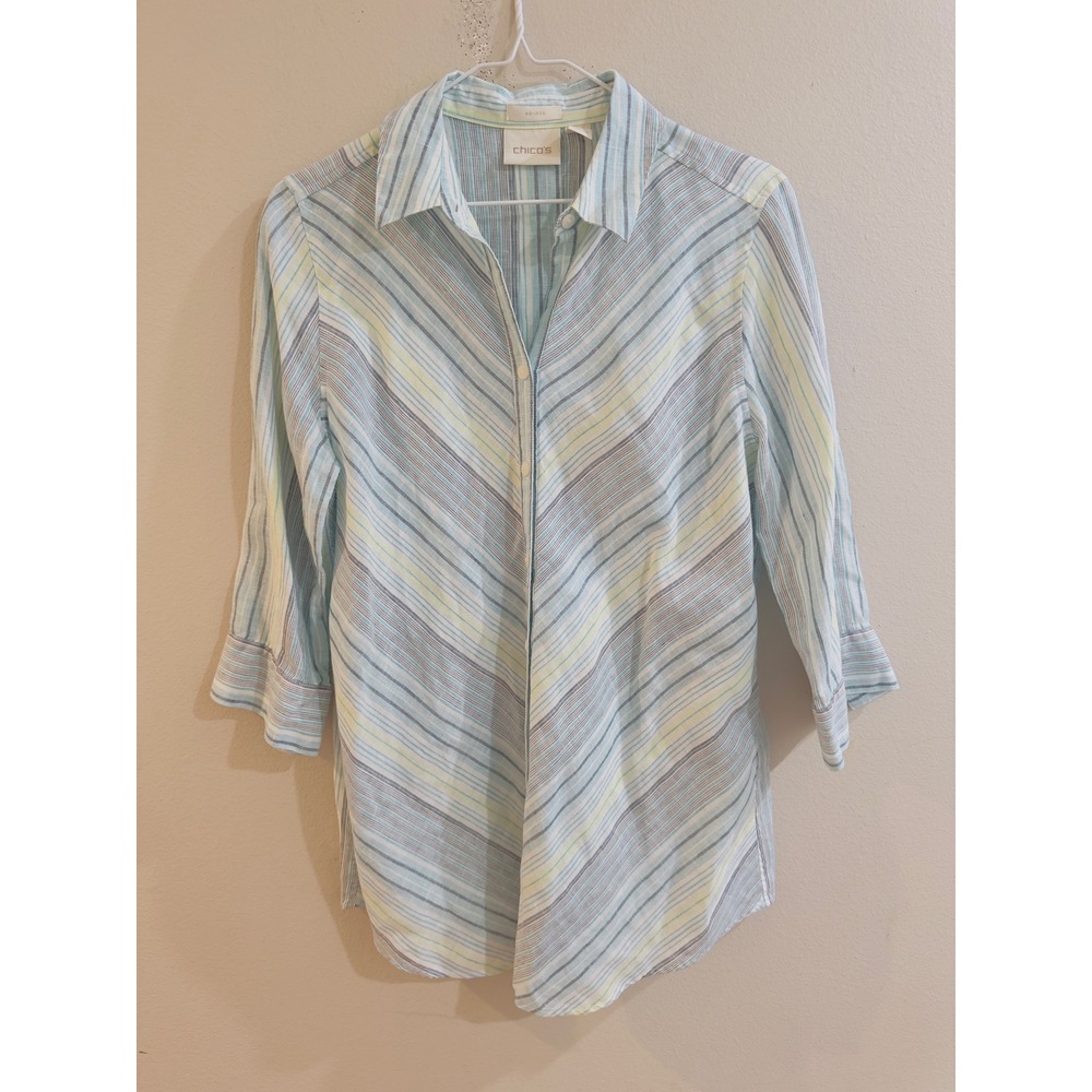 Chicos No Iron 100%‎ Linen Striped Classic Button Down Tunic Shirt Top US Small